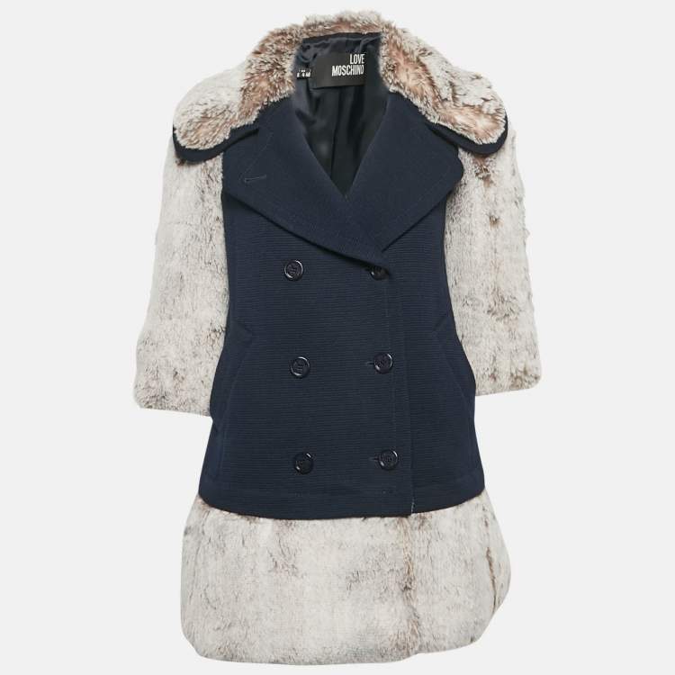 Pre Owned Love Moschino Navy Blue Wool Faux Fur Detail Double Breasted Coat S