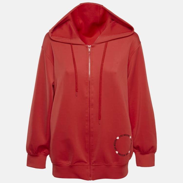 Pre Owned Love Moschino Red Logo Print Jersey Zip-Up Hoodie S