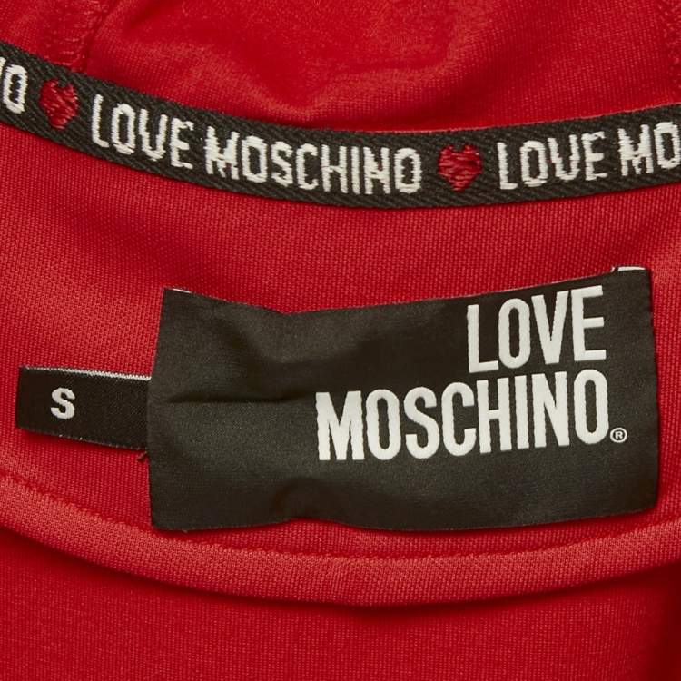 Pre Owned Love Moschino Red Logo Print Jersey Zip-Up Hoodie S