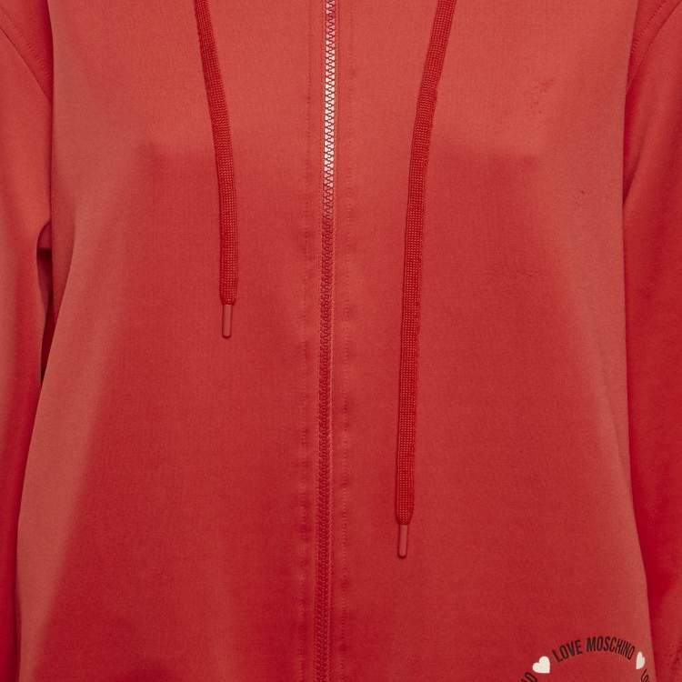 Pre Owned Love Moschino Red Logo Print Jersey Zip-Up Hoodie S