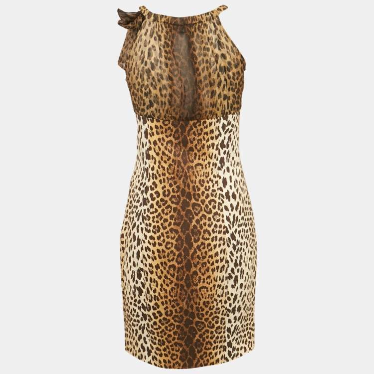 Pre Owned Love Moschino Brown Leopard Printed Cotton & Silk Halterneck Dress M