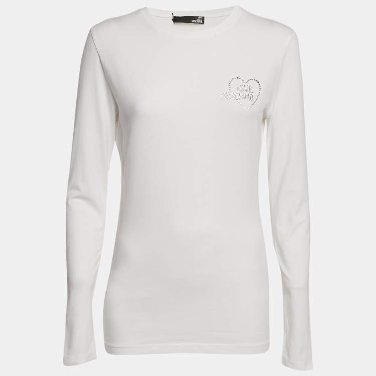 Pre Owned Love Moschino White Logo Rhinestone Jersey Long Sleeve T-Shirt M