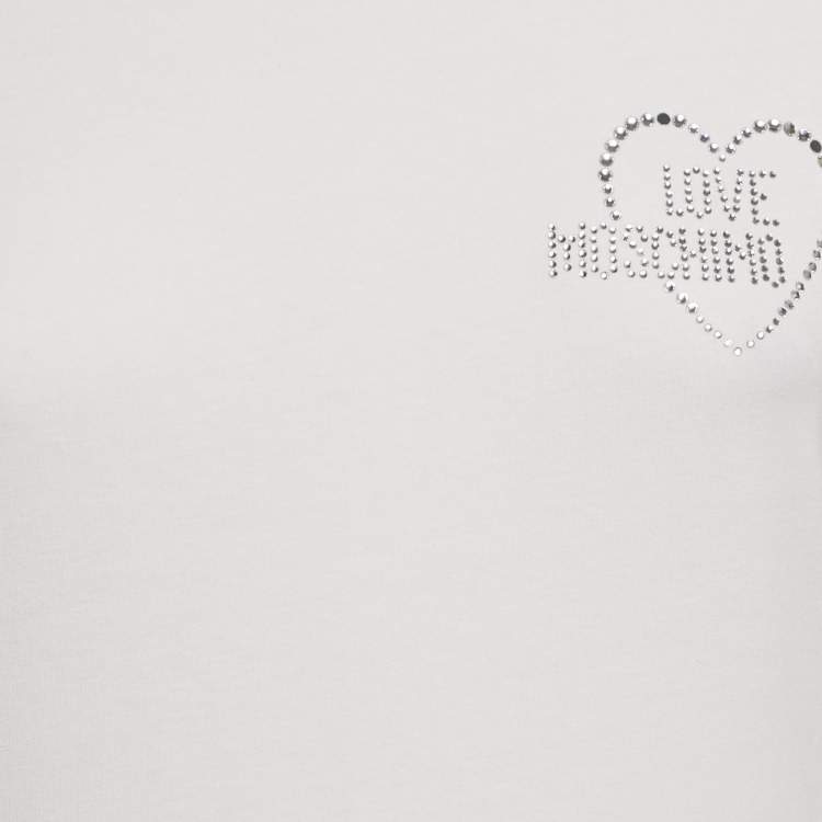 Pre Owned Love Moschino White Logo Rhinestone Jersey Long Sleeve T-Shirt M