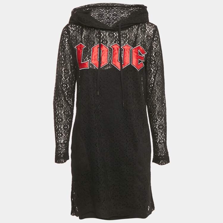Pre Owned Love Mocshino Black Love Applique Mesh Hooded Dress M