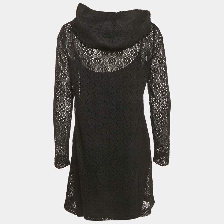 Pre Owned Love Mocshino Black Love Applique Mesh Hooded Dress M