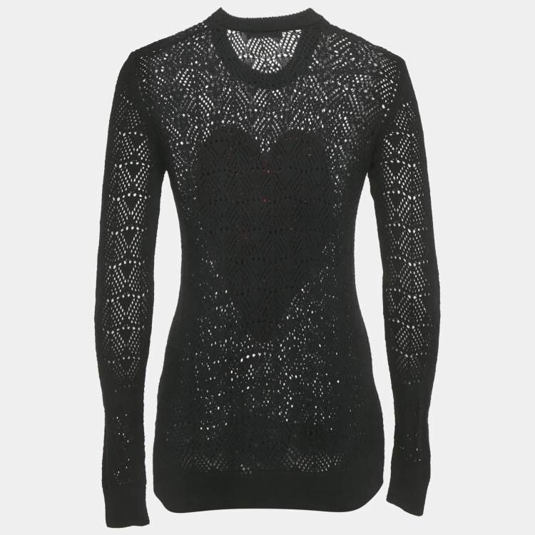 Pre Owned Love Moschino Black Patterned Knit Heart Patch Detail Sweater S 