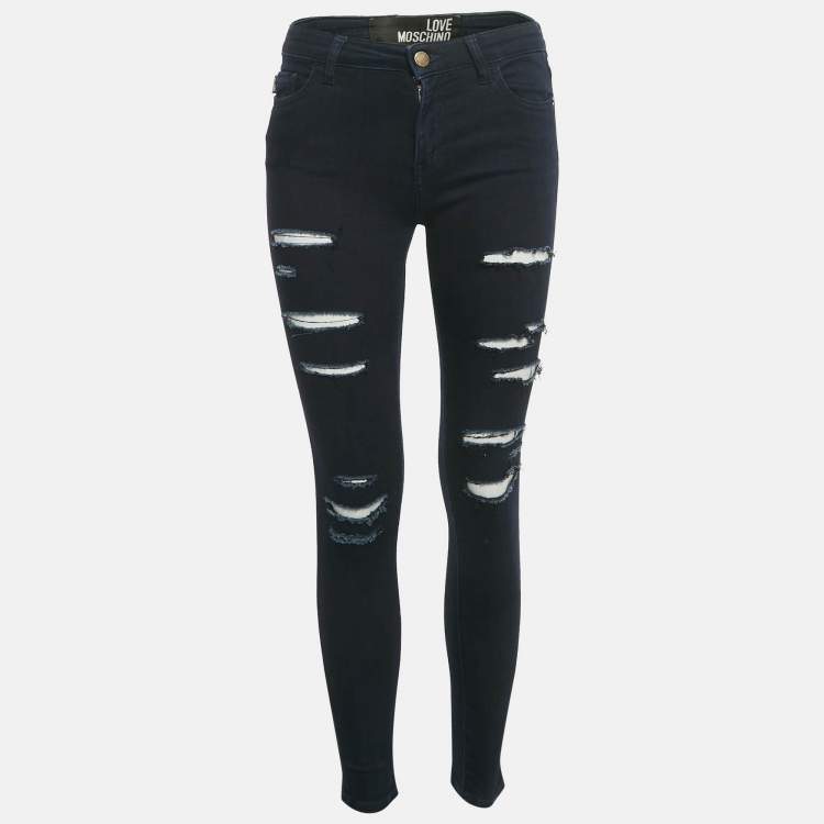 Pre Owned Love Moschino Dark Blue Distressed Denim Skinny Jeans S Waist 26"