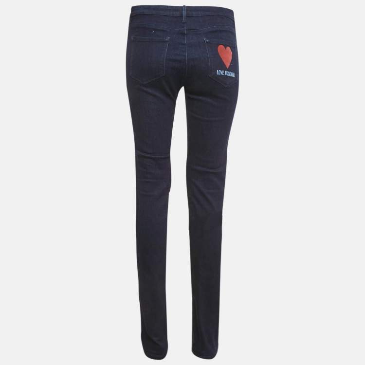 Pre Owned Love Moschino Dark Blue Love Moschino Print Denim Stretch Skinny Fit Jeans L Waist 31"