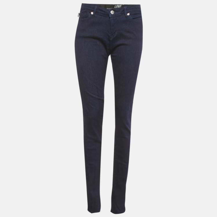 Pre Owned Love Moschino Dark Blue Love Moschino Print Denim Stretch Skinny Fit Jeans L Waist 31"