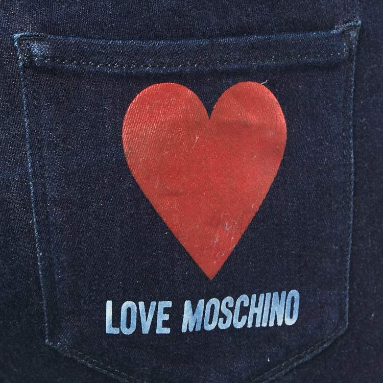 Pre Owned Love Moschino Dark Blue Love Moschino Print Denim Stretch Skinny Fit Jeans L Waist 31"