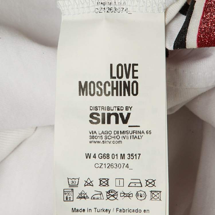 Pre Owned Love Moschino White Lovers Glitter Print Cotton Oversized T-Shirt S 