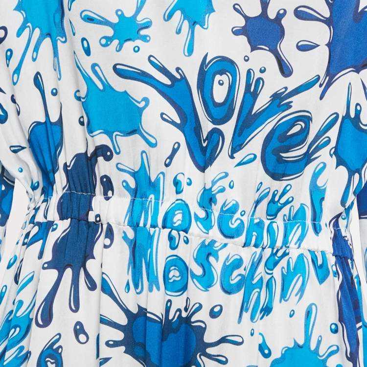 Pre Owned Love Moschino Blue/White Paint Splashed Satin Midi Dress M