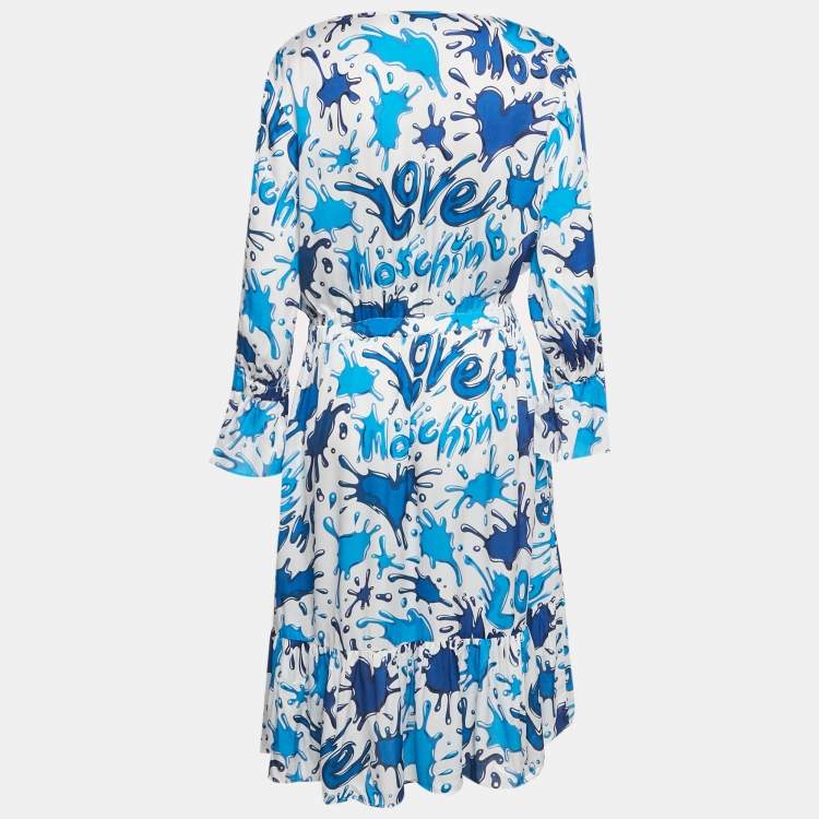 Pre Owned Love Moschino Blue/White Paint Splashed Satin Midi Dress M