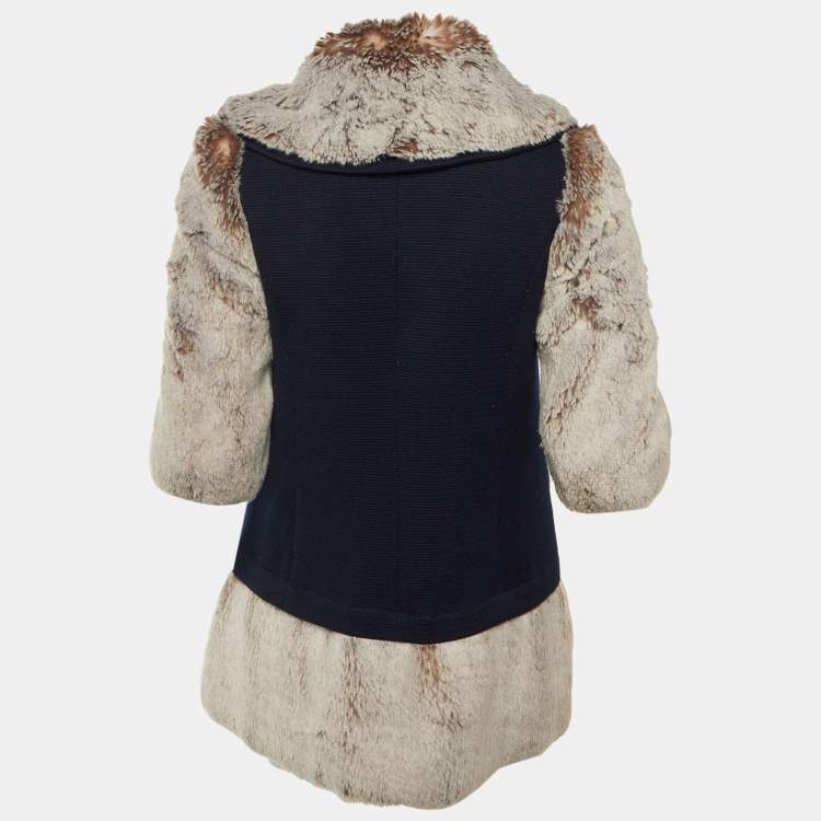 Pre Owned Love Moschino Navy Blue Wool Faux Fur Detail Double Breasted Coat S