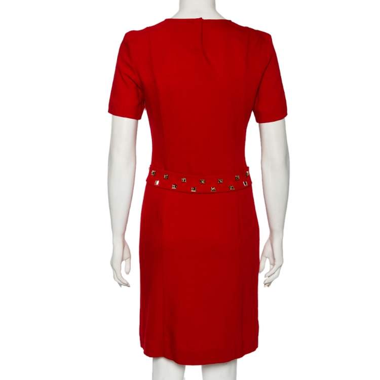 Pre Owned Love Moschino Red Crepe Gold Studded Belt Detailed Dress S