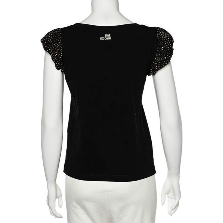 Pre Owned Love Moschino Black Cotton Knit Embellished Puff Sleeve T-Shirt M