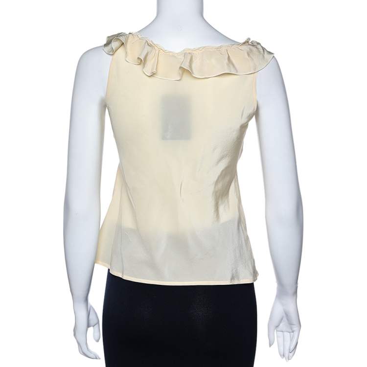 Pre Owned Love Moschino Cream Silk Ruffled Neck Sleeveless Top S