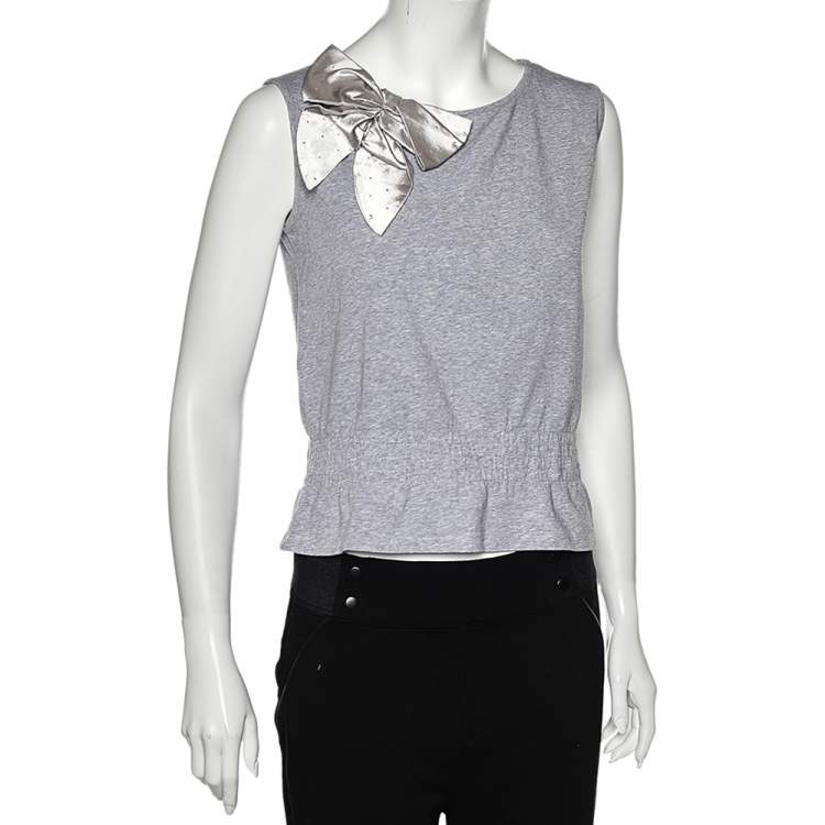 Pre Owned Love Moschino Grey Cotton Bow Detailed Sleeveless Top M
