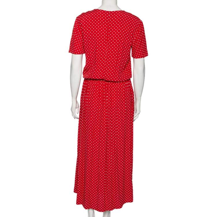 Pre Owned Love Moschino Red Polka Dotted Crepe & Leather Pocket Detailed Maxi Dress S 