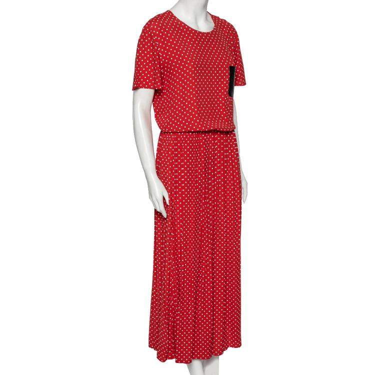 Pre Owned Love Moschino Red Polka Dotted Crepe & Leather Pocket Detailed Maxi Dress S 
