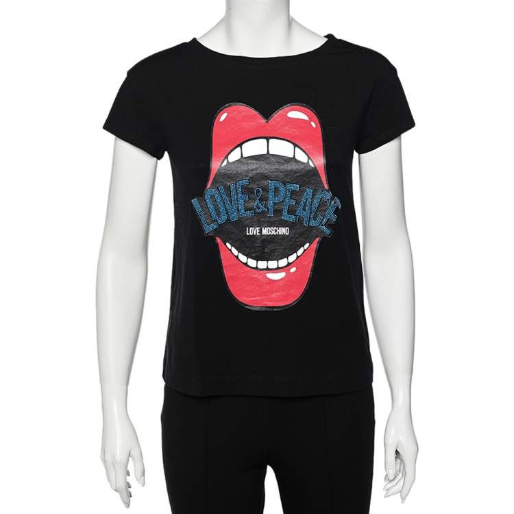 Love Moschino Black Mouth Printed Love Peace Embellished Cotton T Shirt S Love Moschino TLC