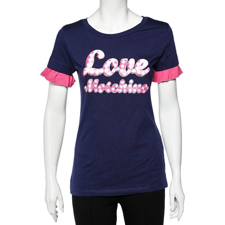 مملوكة مسبقًا Love Moschino Navy Blue Logo Printed Cotton Ruffle Sleeve T-Shirt M