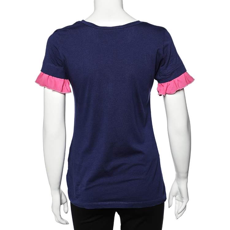 مملوكة مسبقًا Love Moschino Navy Blue Logo Printed Cotton Ruffle Sleeve T-Shirt M