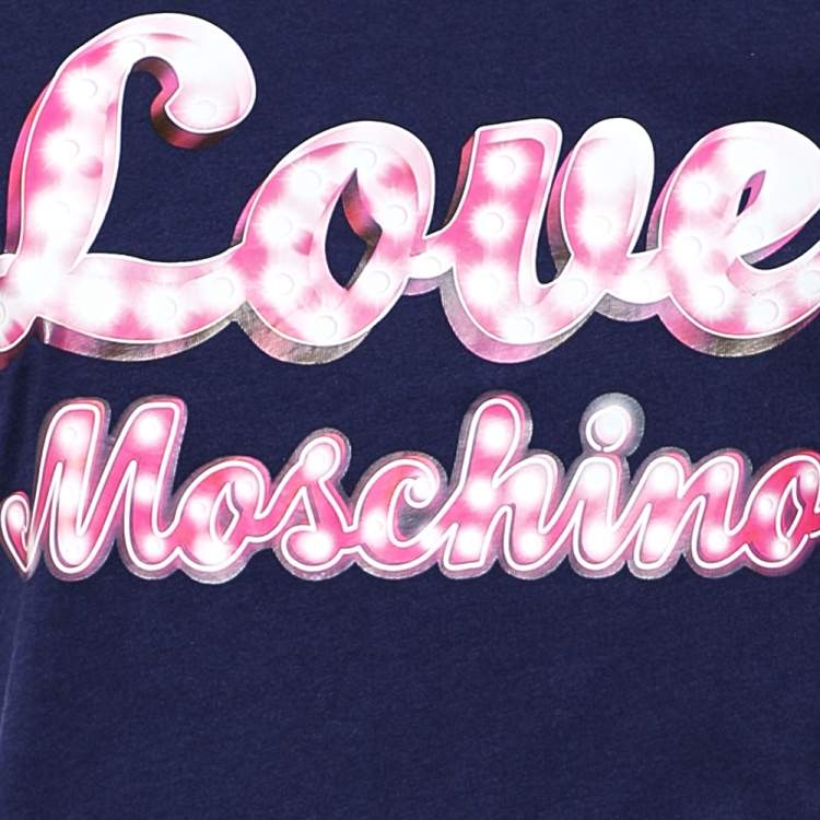 مملوكة مسبقًا Love Moschino Navy Blue Logo Printed Cotton Ruffle Sleeve T-Shirt M