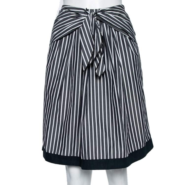 Pre Owned Love Moschino Grey Striped Cotton Front Tie Detailed Knee Length Skirt M