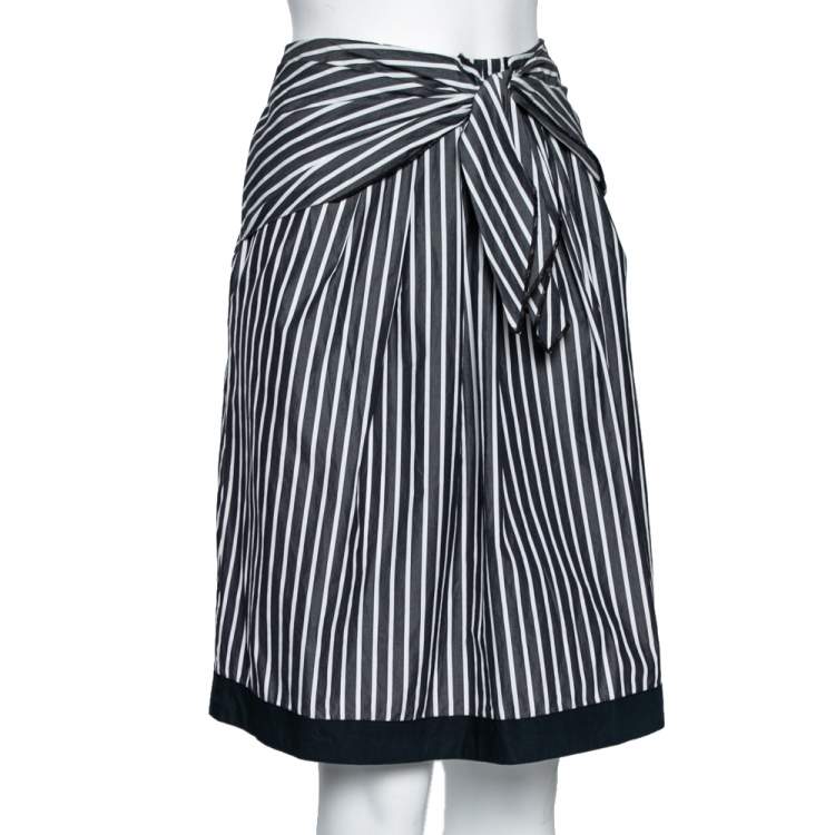 Pre Owned Love Moschino Grey Striped Cotton Front Tie Detailed Knee Length Skirt M