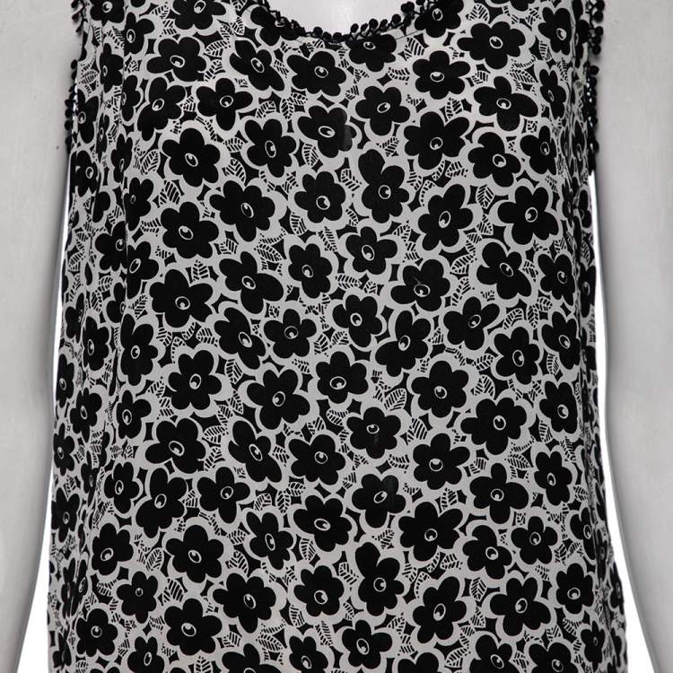 Pre Owned Love Moschino White Floral Printed Silk Embroidered Trim Top M