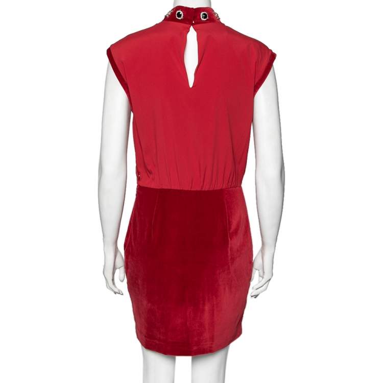 Pre Owned Love Moschino Red Chiffon & velvet Paneled Embellished Detail Sleeveless Sheath Dress M