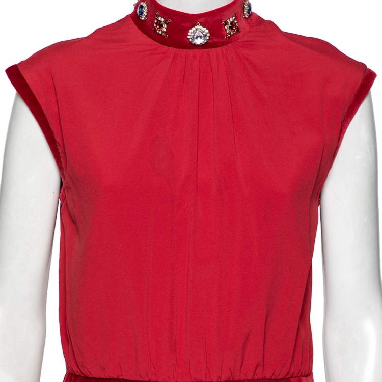 Pre Owned Love Moschino Red Chiffon & velvet Paneled Embellished Detail Sleeveless Sheath Dress M