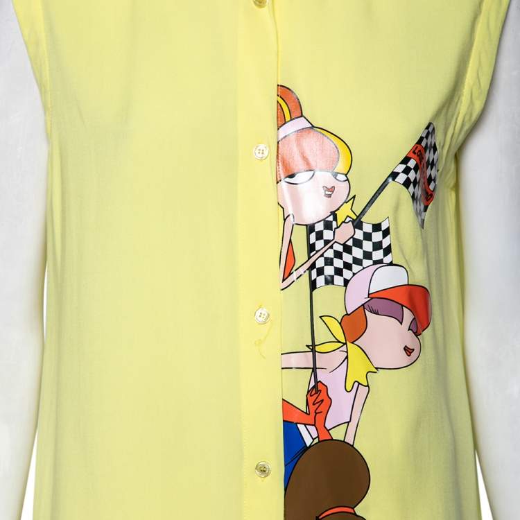 Pre Owned Love Moschino Yellow Printed Sleeveless Shirt L