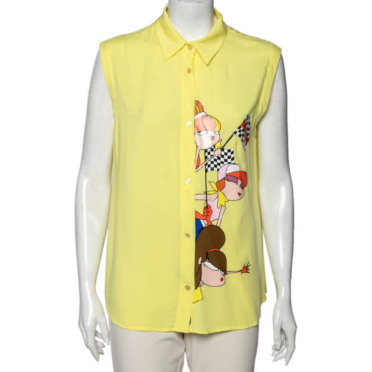 Pre Owned Love Moschino Yellow Printed Sleeveless Shirt L
