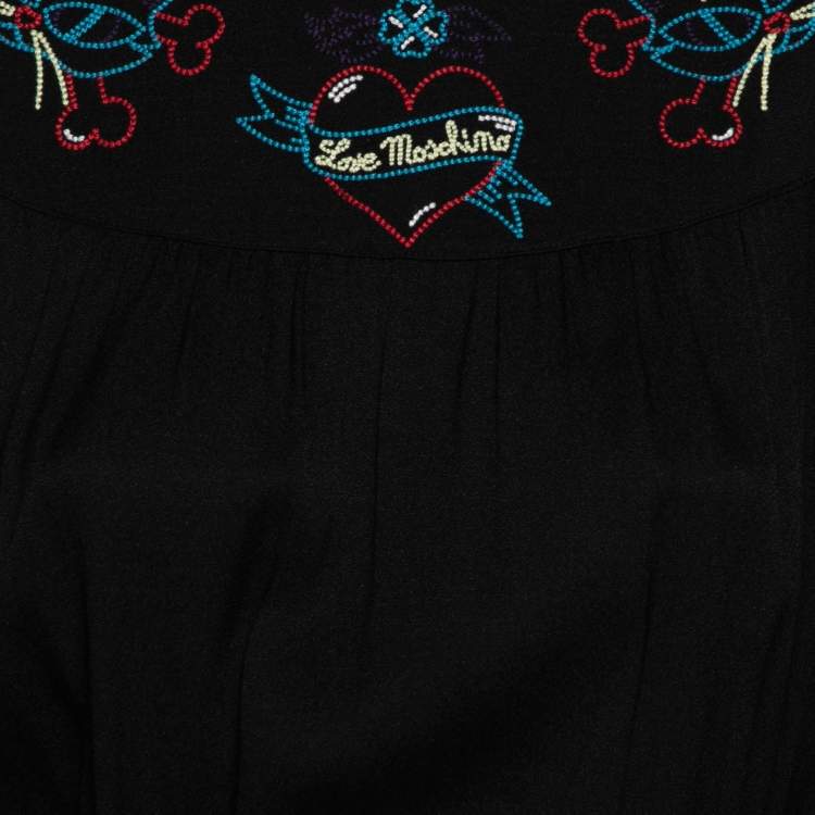 Pre Owned Love Moschino Black Crepe Embroidered Flared Hem Long Sleeve Dress M