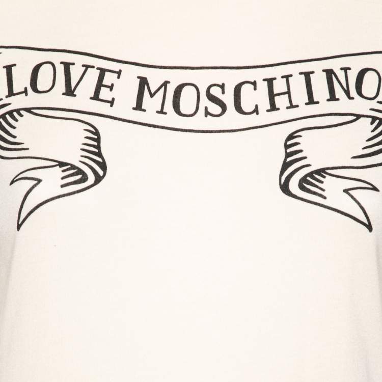 Pre Owned Love Moschino Cream Logo Printed Jersey Short Sleeve T-Shirt M