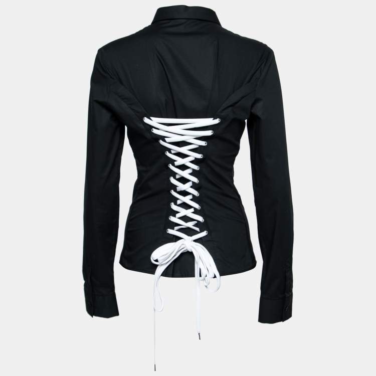 Pre Owned Love Moschino Black Cotton Laced-up Detail Button Front Shirt M
