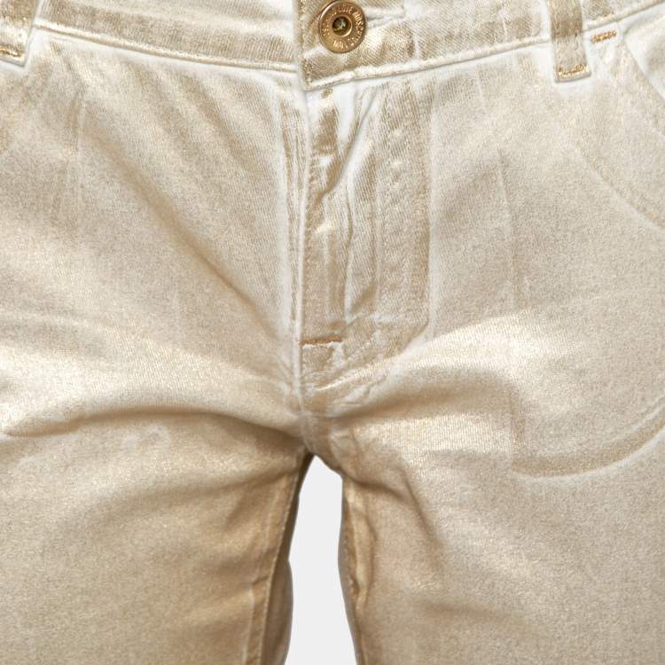 Pre Owned Love Moschino Gold Foil Print Denim Straight Fit Jeans M/Waist: 30.5"