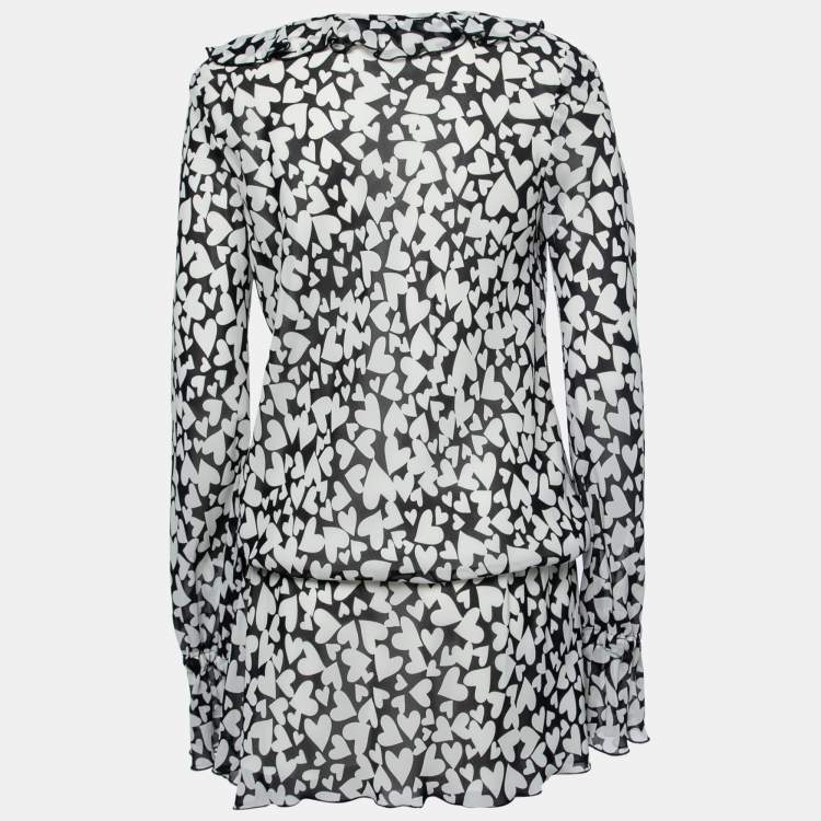 Pre Owned Love Moschino Monochrome heart Printed Chiffon Tie Detail Mini Dress M