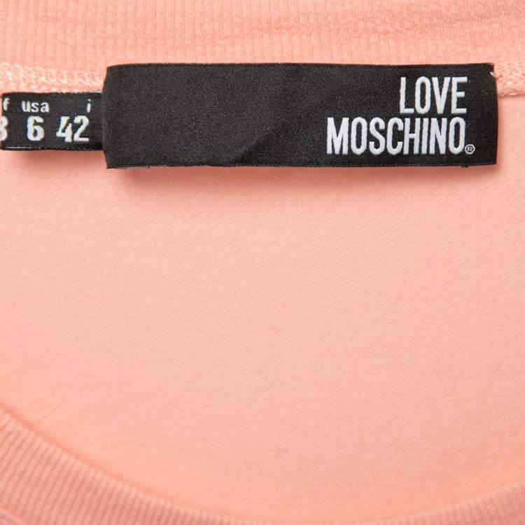 Pre Owned Love Moschino Pink Bunny Printed Stretch Cotton Bow Detail T-Shirt M