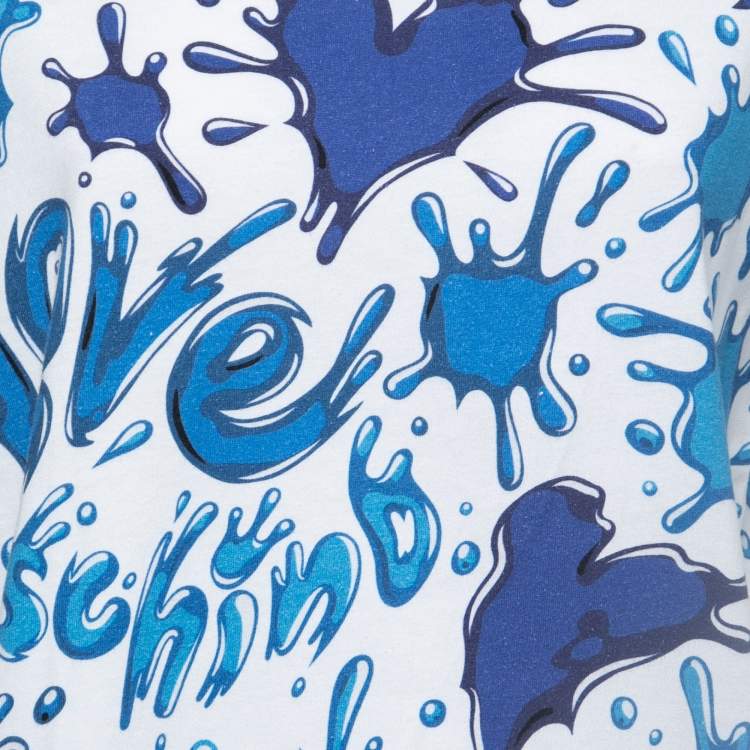 Pre Owned Love Moschino White/Blue Splash Printed Cotton T Shirt M