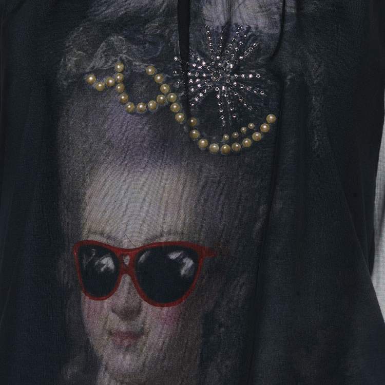 Pre Owned Love Moschino Black Printed Cotton Knit Chiffon Overlay T-Shirt M