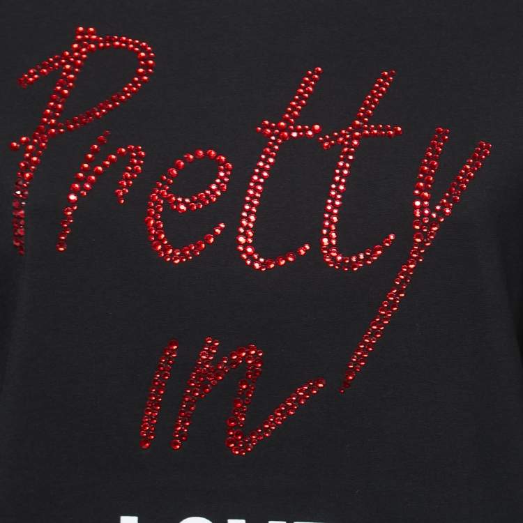 Pre Owned Love Moschino Black Logo Print Cotton Embellished T-Shirt S