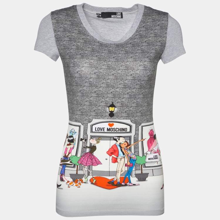 Pre Owned Love Moschino Grey Printed Cotton Knit Round Neck T-Shirt S