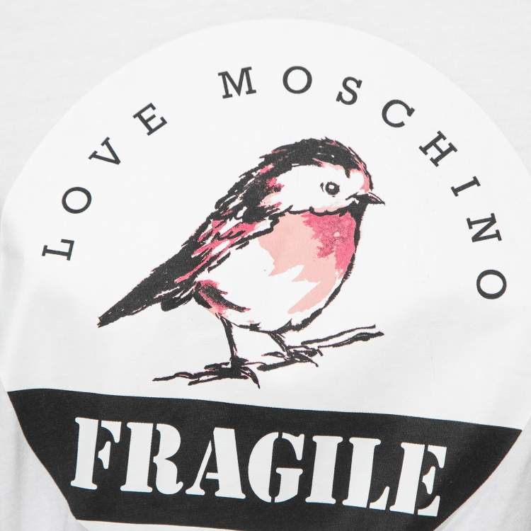 Pre Owned Love Moschino White Logo Print Cotton Draped Half Sleeve T-Shirt S