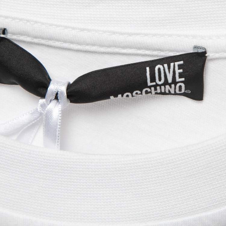 Pre Owned Love Moschino White Logo Print Cotton Draped Half Sleeve T-Shirt S