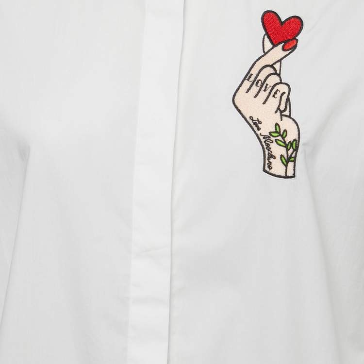 Pre Owned Love Moschino White Embroidered Cotton Full Sleeve Oversized Shirt M