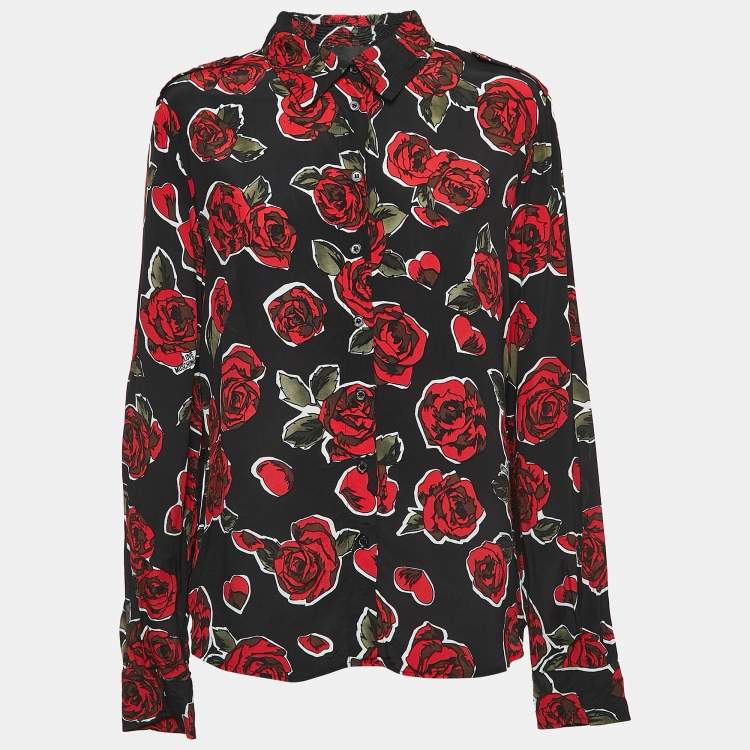 Pre Owned Love Moschino Black Floral Print Crepe Button Front Shirt Blouse L