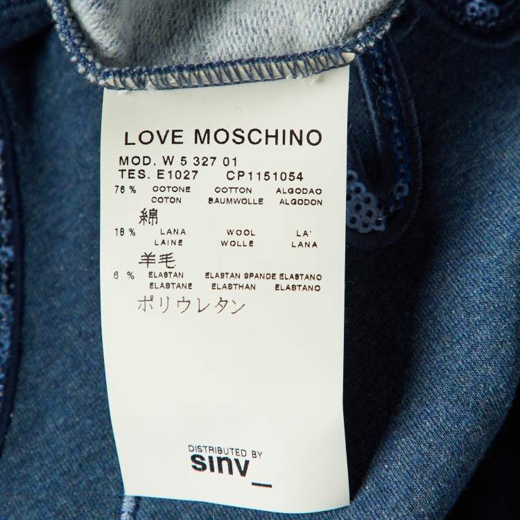 Pre Owned Love Moschino Blue Cotton Knit Sequin logo Embroidered Sweater Mini Dress M